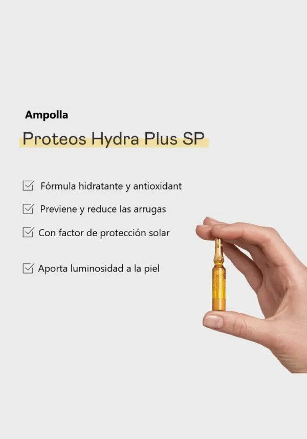 Beneficios de Martiderm Proteos Hydra Plus SP – Ampolla en la mano Ampolla Martiderm Proteos Hydra Plus SP en la mano con beneficios del tratamiento